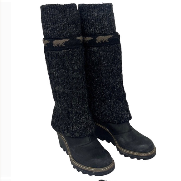 Sorel Crazy Cable Wedge Knit Winter Boots Leather Size 39.5 or 8.5 Black Tall - Picture 5 of 9